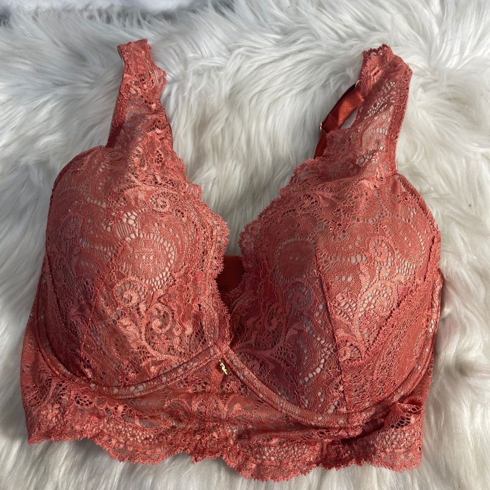 Third Love Terra Cotta Padded Underwire Longline Lace Plunge Bra Sz 34E‎